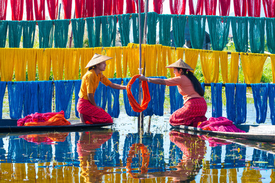 Intha people working with handcrafted colorful lotus fabrics in inle lake is life style of intha village. They used sun nature make dry cloths. 