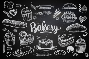 Set of drawings bakery theme. cakes, pies, Bread and pastry collection. Bread house. vector black and white sketch illustration isolated on white background