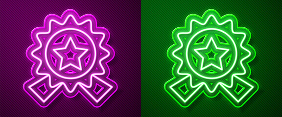 Glowing neon line Medal with star icon isolated on purple and green background. Winner achievement sign. Award medal. Vector Illustration.