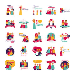 Fototapeta premium happy friendship day celebration with people and icons set