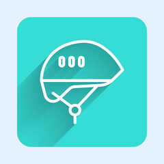 White line Bicycle helmet icon isolated with long shadow. Extreme sport. Sport equipment. Green square button. Vector Illustration.