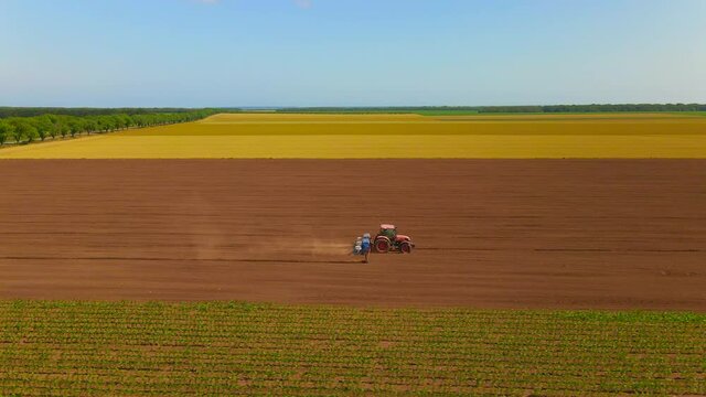 A tractor in action, seeding in field, surrounded of yellow and green fields, shot from the right side, Dobrich, Dobrudzha, Bulgaria