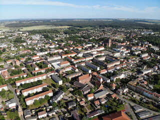 Obraz premium Aerial view of Pasewalk, a town in the Vorpommern-Greifswald district, in the state of Mecklenburg-Vorpommern in Germany. Located on the Uecker river.