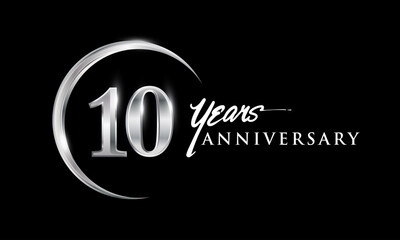 10th years anniversary celebration. Anniversary logo with silver ring elegant design isolated on black background, vector design for celebration, invitation card, and greeting card