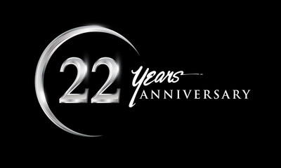 22nd years anniversary celebration. Anniversary logo with silver ring elegant design isolated on black background, vector design for celebration, invitation card, and greeting card