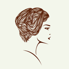 Beauty salon and hairdresser studio logo.Cosmetics, skin care and spa icon.Beautiful woman with short haircut, wavy hairstyle, elegant makeup.Brunette profile view.Closed eyes.