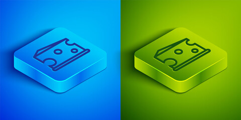 Isometric line Cheese icon isolated on blue and green background. Square button. Vector Illustration.
