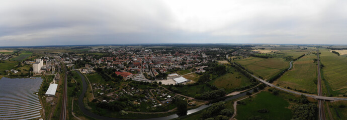 Aerial view of Pasewalk, a town in the Vorpommern-Greifswald district, in the state of Mecklenburg-Vorpommern in Germany. Located on the Uecker river.