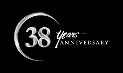 38th years anniversary celebration. Anniversary logo with silver ring elegant design isolated on black background, vector design for celebration, invitation card, and greeting card