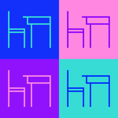 Pop art line School table and chair of classroom icon isolated on color background. School desk. Vector Illustration.