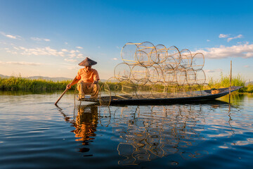 A fisherman show catches fish for food in sunrise rays at Inle lake ,Myanmar .Intha people lifestyle with blue white cloud sun sky