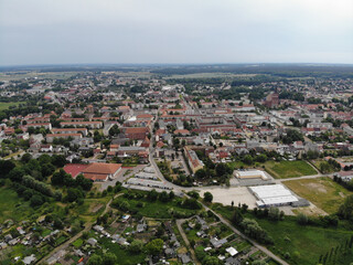 Fototapeta na wymiar Aerial view of Pasewalk, a town in the Vorpommern-Greifswald district, in the state of Mecklenburg-Vorpommern in Germany. Located on the Uecker river.