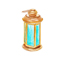 vintage lantern with a burning candle, interior detail art illustration painted with watercolors isolated on white background