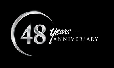48th years anniversary celebration. Anniversary logo with silver ring elegant design isolated on black background, vector design for celebration, invitation card, and greeting card