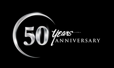 50th years anniversary celebration. Anniversary logo with silver ring elegant design isolated on black background, vector design for celebration, invitation card, and greeting card