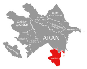 Fototapeta na wymiar Lankaran red highlighted in map of Azerbaijan