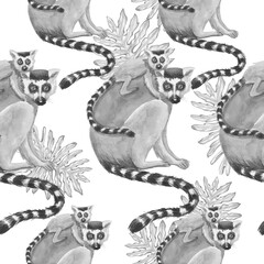 lemur with cub pattern watercolor silhouette tropical animals isolate object white background primacy