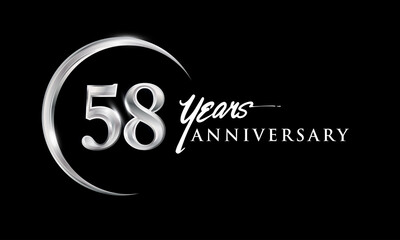 58th years anniversary celebration. Anniversary logo with silver ring elegant design isolated on black background, vector design for celebration, invitation card, and greeting card