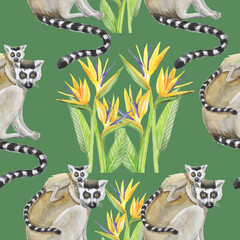 lemur with cub pattern watercolor silhouette tropical animals isolate object  background primacy
