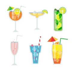 Cocktail glasses flat vector illustration. Set of alcoholic drinks with ice cubes and lemons. Party in the club.
