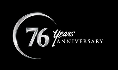 76th years anniversary celebration. Anniversary logo with silver ring elegant design isolated on black background, vector design for celebration, invitation card, and greeting card