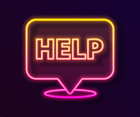 Glowing neon line Speech bubble with text Help icon isolated on black background. Vector Illustration.