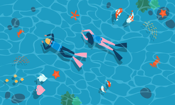 vector illustration Summer diving, snorkeling wallpaper or background in clear ocean water with cororful fish, crab, and sea stars