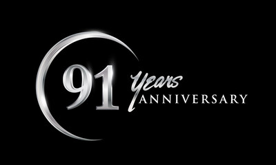 91st years anniversary celebration. Anniversary logo with silver ring elegant design isolated on black background, vector design for celebration, invitation card, and greeting card