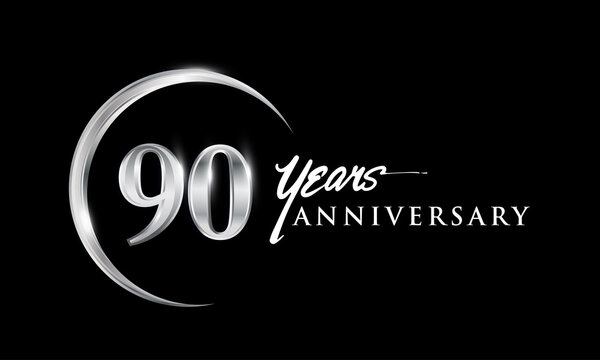 90th years anniversary celebration. Anniversary logo with silver ring elegant design isolated on black background, vector design for celebration, invitation card, and greeting card