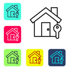 Black line House with key icon isolated on white background. The concept of the house turnkey. Set icons in color square buttons. Vector Illustration.