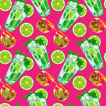 Mojito cocktail with sunglasses, lime and minte leaves. Summer seamless pattern design for wallpaper, paper, textile, fabric.