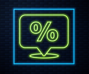 Glowing neon line Discount percent tag icon isolated on brick wall background. Shopping tag sign. Special offer sign. Discount coupons symbol. Vector Illustration.