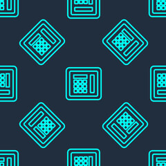 Green line Safe icon isolated seamless pattern on blue background. The door safe a bank vault with a combination lock. Reliable Data Protection. Vector Illustration.