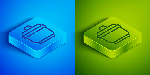 Isometric line Cooking pot icon isolated on blue and green background. Boil or stew food symbol. Square button. Vector Illustration.