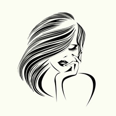 Beauty salon,  nails art and hairdresser studio logo.Cosmetics, skin care and spa icon.Beautiful woman with long, wavy hairstyle, elegant makeup and manicure.