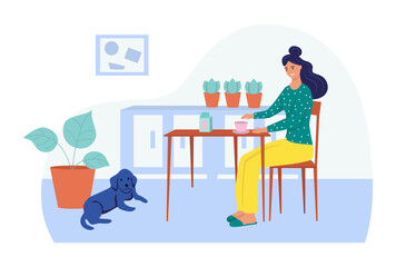 A young woman has Breakfast at home. The concept of daily life, everyday leisure and work activities. Flat cartoon vector illustration.