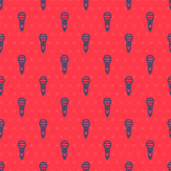 Blue line Microphone icon isolated seamless pattern on red background. On air radio mic microphone. Speaker sign. Vector Illustration.
