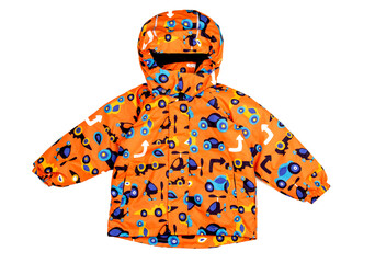 Autumn insulated jacket for a child orange color with a pattern of cars © iritetereva