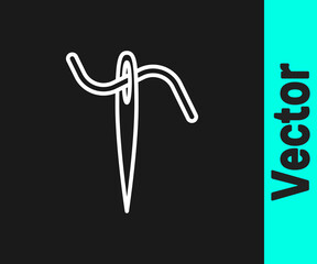 White line Needle for sewing with thread icon isolated on black background. Tailor symbol. Textile sew up craft sign. Embroidery tool. Vector Illustration.