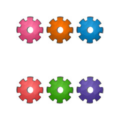 Gaming elements isolated on white background. Design for computer game. Symbols and icons. Collection buttons play for games and app. Different colors cogwheel button. Cartoon interface.