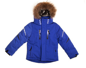 warm jacket with fur on the hood of a blue color for a child © iritetereva