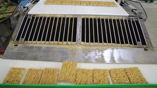 confectionery factory. finished peanut brittle on industrial conveyor line.