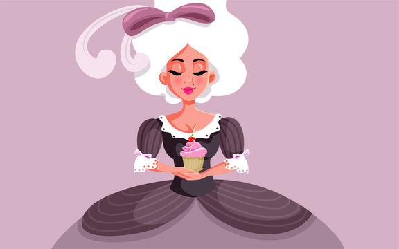 Marie Antoinette Holding a Cupcake Vector Cartoon Illustration