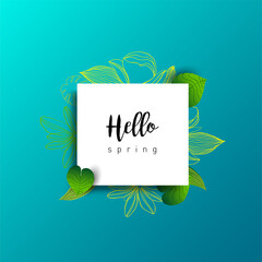 Design banner with lettering design welcome spring. Card for spring season with white green tropical leaves and floral. Promotion offer with spring plants, leaves and flowers decoration. Vector