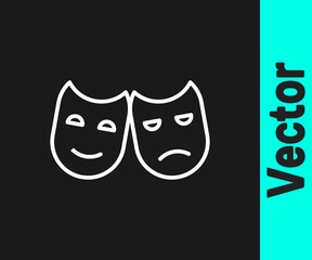 White line Comedy and tragedy theatrical masks icon isolated on black background. Vector Illustration.