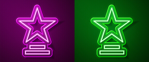 Glowing neon line Movie trophy icon isolated on purple and green background. Academy award icon. Films and cinema symbol. Vector Illustration.