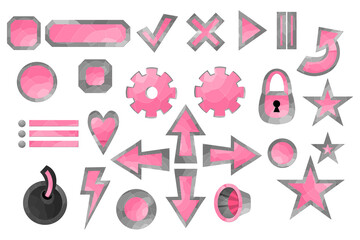 Big set of gaming elements isolated on white background. 2D design for computer game. Symbols and icons. Collection of buttons play for games and app. Pink and gray stone button. Cartoon interface.
