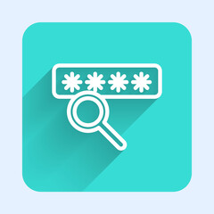 White line Password protection and safety access icon isolated with long shadow. Security, safety, protection, privacy concept. Green square button. Vector Illustration.