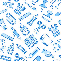 Stationery background, school tools seamless pattern. Art education wallpaper with line icons of pencil, pen, paintbrush, palette, notebook. Painter supplies vector illustration blue white color