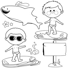 Children at the beach surfing in the sea. Vector black and white coloring page